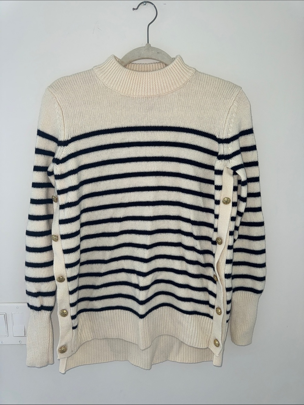 Tuckernuck Ivory and Navy Striped Button-Shoulder Mock Neck Sweater